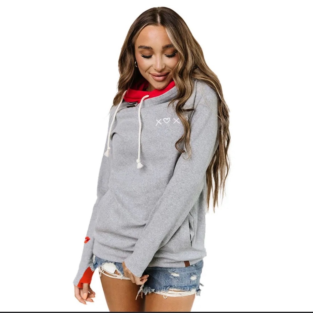 AMPERSAND AVE Gray Hoodie with Red Details